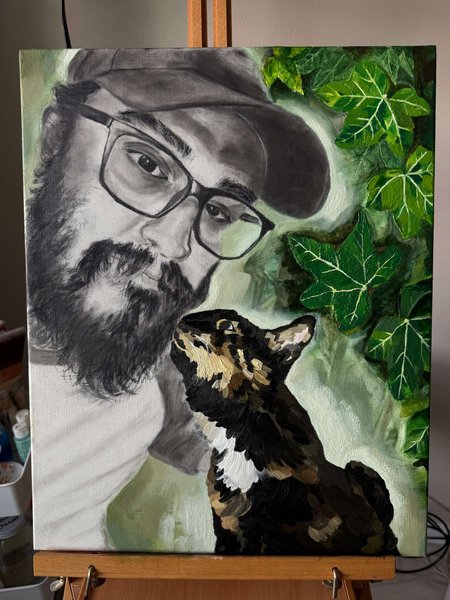 Bearded man in glasses and a cap with a tortoiseshell cat looking up at him beside ivy, painting by Alysa Brown