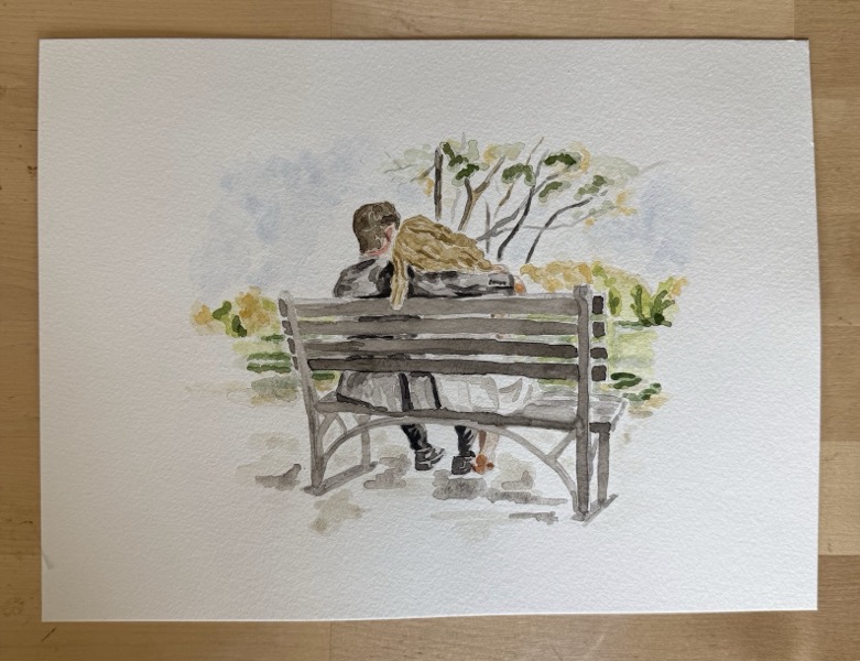 Watercolor of a couple seen from behind, sitting close on a park bench