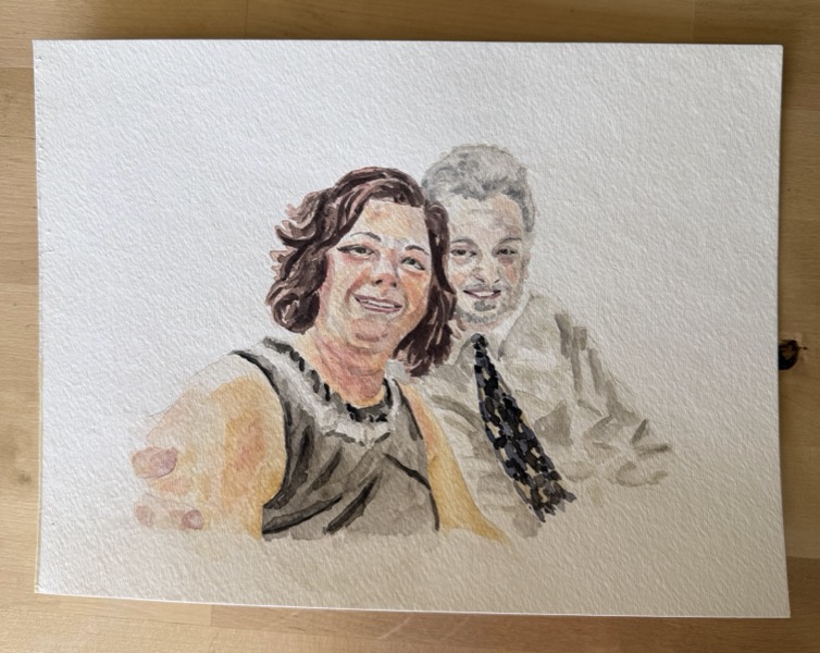 Watercolor portrait of a smiling couple, she in a dark top and he in a patterned tie