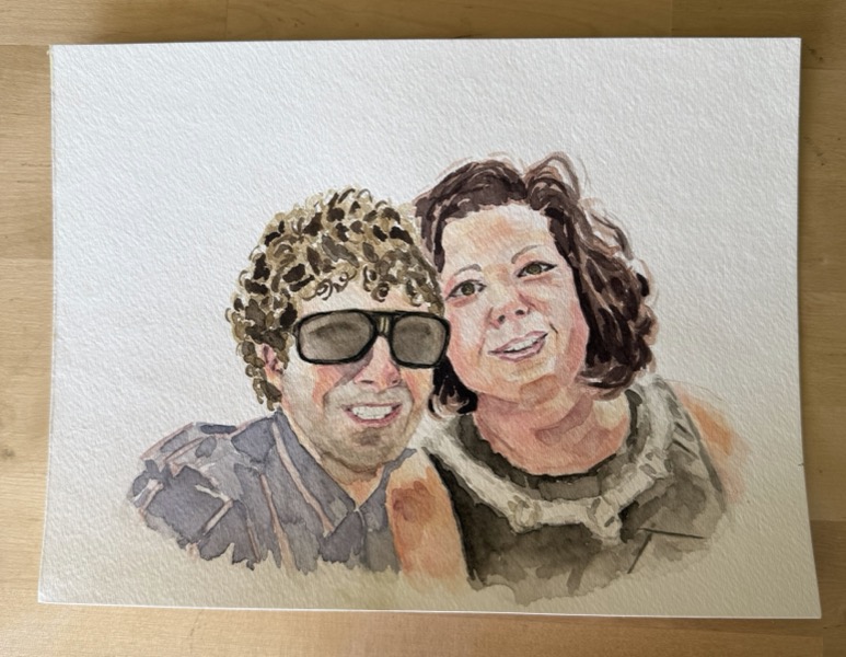 Watercolor portrait of a curly-haired man in dark sunglasses beside a smiling woman