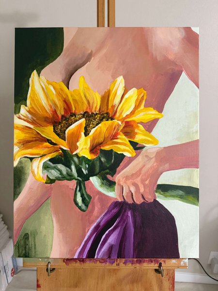 Figure with a sunflower, painting by Alysa Brown