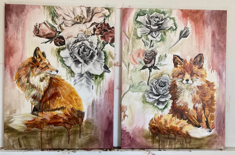 Fox and roses diptych, painting by Alysa Brown
