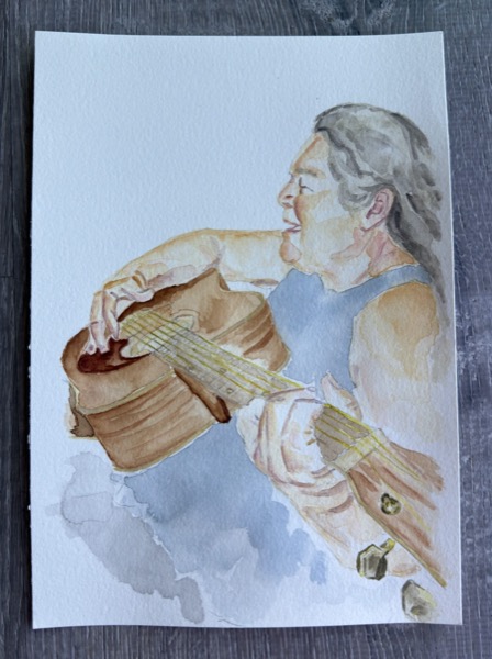 Watercolor of a long-haired man playing an acoustic guitar