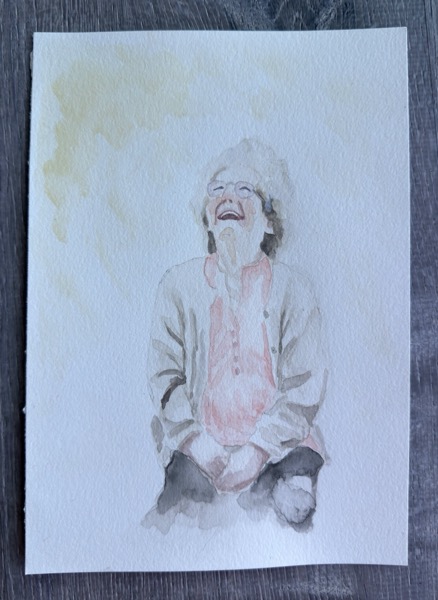 Watercolor of an older woman in glasses laughing with her head tipped back