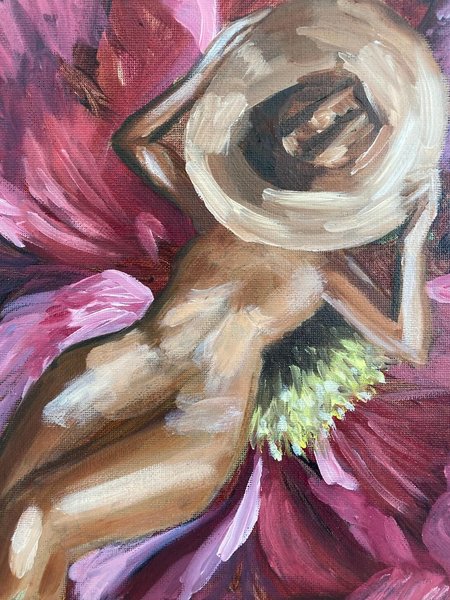Reclining figure in a sun hat, painting by Alysa Brown