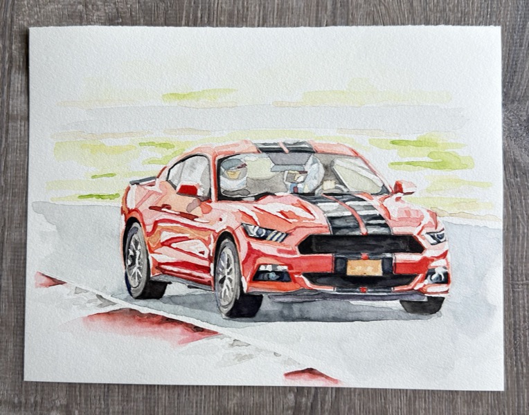 Watercolor of a red Ford Mustang with black racing stripes on a track