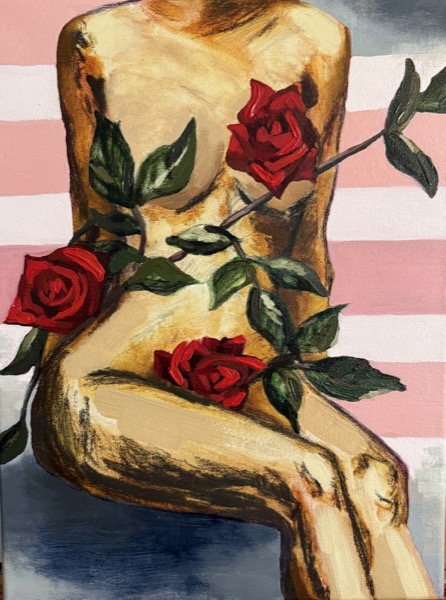 Seated figure with red roses, painting by Alysa Brown