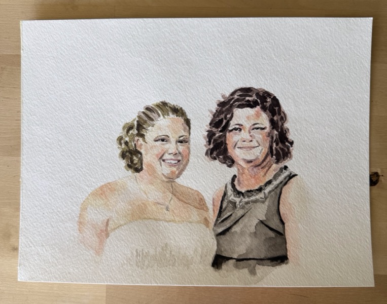 Watercolor portrait of two smiling women in formal dresses