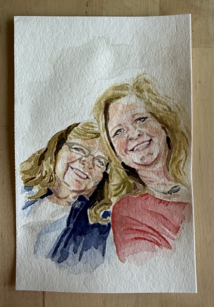 Watercolor portrait of two blonde women leaning their heads together and smiling